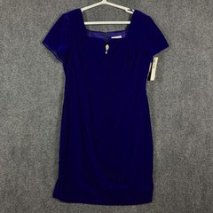 Vintage After Dark Dress Womens 14 Petite Blue Velvet Short Sleeve Made USA 90s