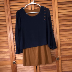 Romantic Body Apparel Navy Brown Colorblock Shirt Scoop Neck Long Sleeve M