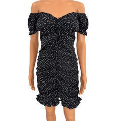 Shein Black Polka Dot Ruched Off Shoulder Mini Dress Ruffle Hem Puff Sleeve