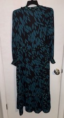 CAbi Women&rsquo;s XS Teal Green & Black Autumn Leaf Long Sleeve Shirt Maxi Dress NWT