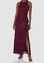 Alex Evenings Women&rsquo;s Red Ruffle Long Sequin Lace Gown Dress Petite Size 12P