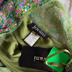 Vintage Jovani 100% silk shell sheer pleated overlay peacock feather print sz 10