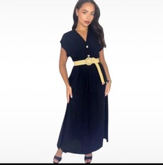 Women’s Belted Long Summer Dress-Elegant Flowy Maxi-Button Detail-Size S
