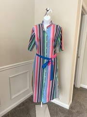 Mii Cotton Striped Button Down Midi Shirt Dress Tie Belt Short Sleeve Women’s 8