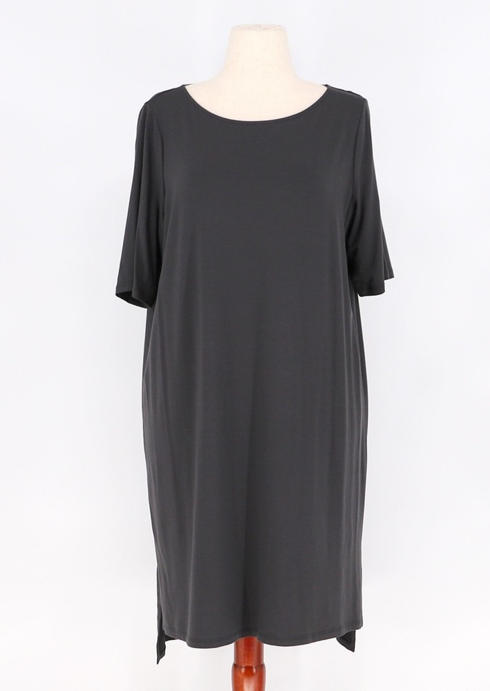 EILEEN FISHER Tencel High-Low Tunic Dress Dark Gray Charcoal Half-Sleeves Size L