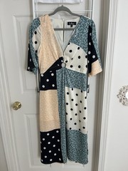 Lulus Patchwork Multicolor Midi Dress S V-Neck Ring Detail Fit & Flare