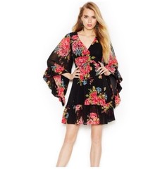 Betsy Johnson Floral Mini Dress Sz 4 Black Pink Babydoll Bell Sleeves Whimsigoth
