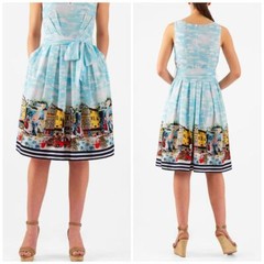 eShakti Havana Print Sash Tie Crepe Dress Custom size L Pleated Blue Belted AJ