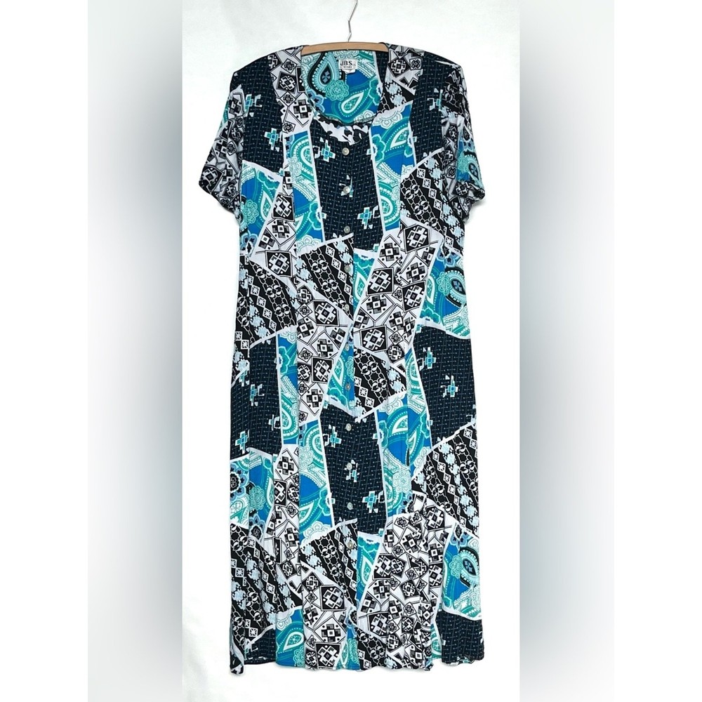 Vintage 90s Mixed Print Maxi Dress Size 1X Button Front Teal Black Paisley Soft