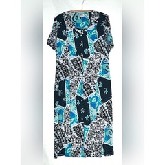 Vintage 90s Mixed Print Maxi Dress Size 1X Button Front Teal Black Paisley Soft