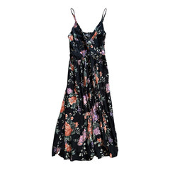 Angie Black Floral Smocked Midi Sundress V-Neck Spaghetti Straps Size S
