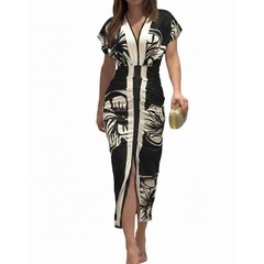 Women&rsquo;s Summer Floral Print Midi Dress Plunge V Neck Ruched Slit Bodycon Party