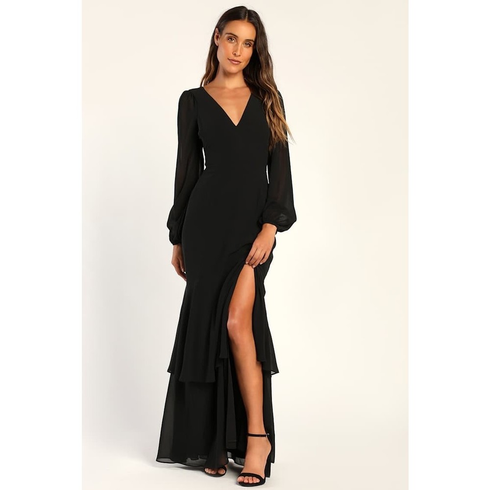 Lulus Tier Elegance Black Long Sleeve Tiered Maxi Dress Chiffon Formal M NWT