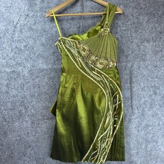 Aspeed Dress 8 Green Rhinestone Sparkle One Shoulder Ruffle Art To Wear Formal