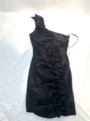 Annylee One-Shoulder Ruffle Coquette Dress Black Satin XS NWT Cocktail Party
