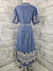 Roller Rabbit Embroidered Caftan Blue Midi Dress Puff Sleeves Womens Xsmall