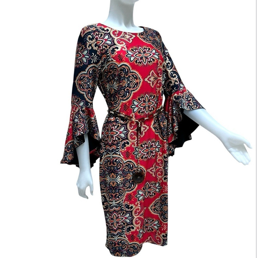 Shelby & Palmer Ruffled Bell Sleeve Red Dress Tribal Boho Artsy Flamenco Sz 10