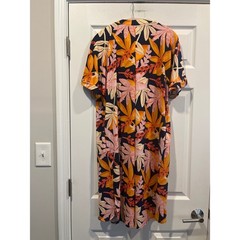 Lildy Split V-Neck Pleated Dress Tropical Floral Navy Orange Pink L-XL Pocketed