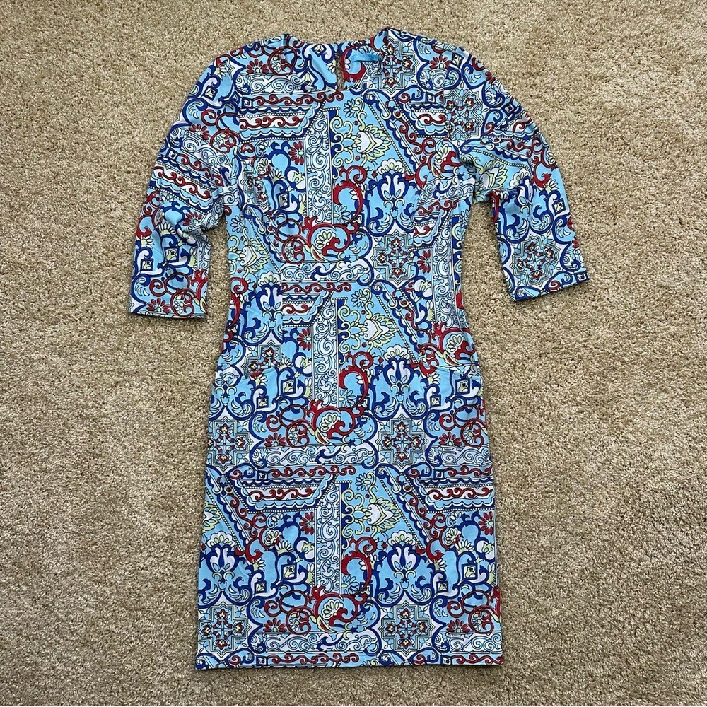 J.McLaughlin Catalyst Dress Small White Multi Athena Print 3/4 Sleeve Sheath NWT