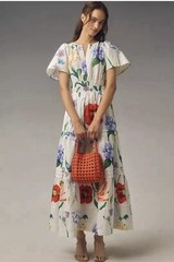Anthropologie Somerset Tiered Maxi Dress Botanical Spring Flower Floral Sz M