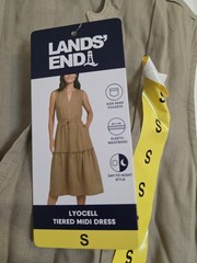 Lands&rsquo; End Lyocell Tiered Midi Dress V-Neck Sleeveless Beige S Pockets