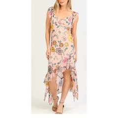 Fairy New Floral Mesh Ruffle Pastel Asymmetrical Hem Maxi Dress Pink L Romantic