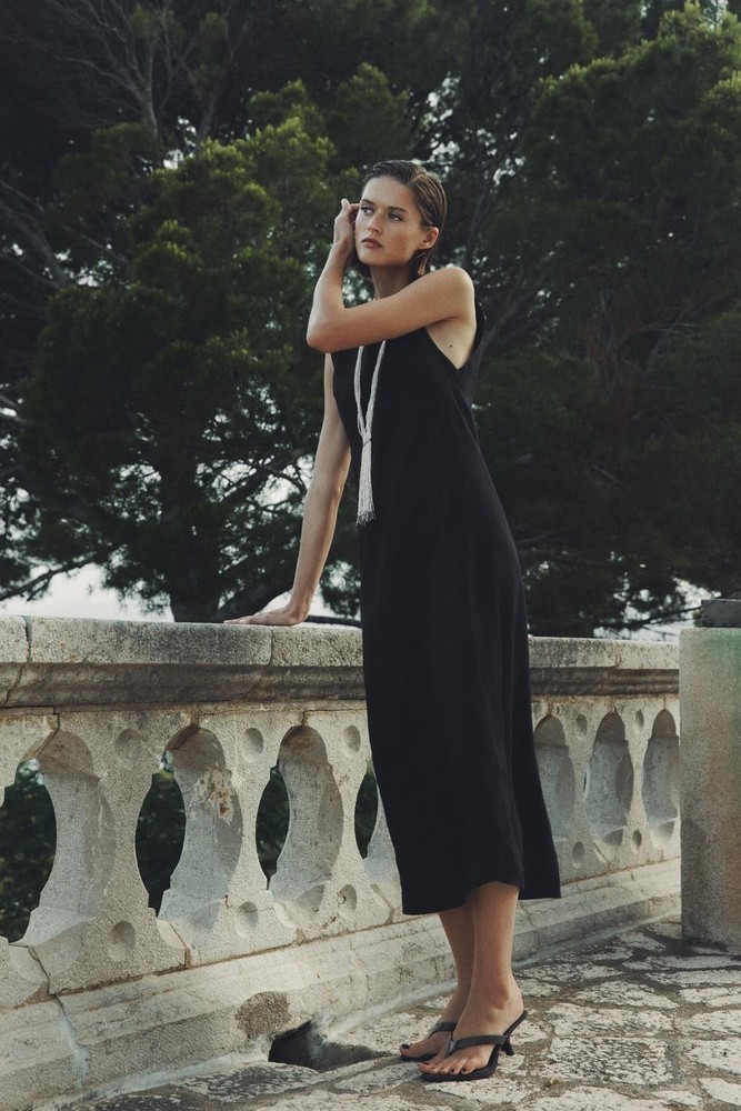 Zara 100% Linen Midi Dress ZW Collection | Size L XL | Black NWT Summer Vacation
