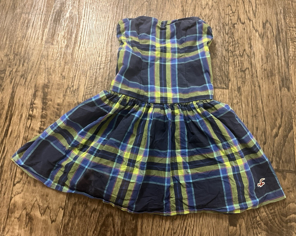 Hollister Strapless Smocked Plaid Mini Dress XS Blue Green Yellow