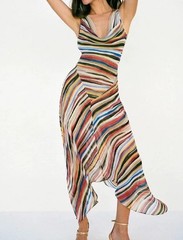 NEW 100% Mulberry Silk Striped Maxi Dress Women&rsquo;s V Neck Asymmetrical Sundress