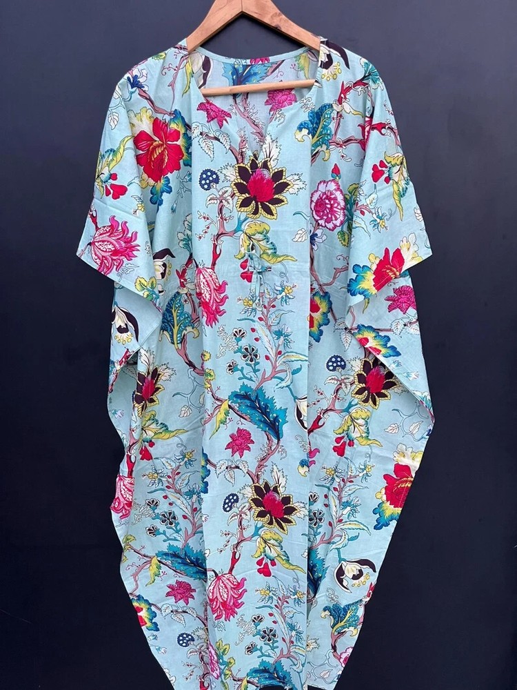 Indian Vintage 100% Cotton Long Beach Maxi Kaftan Dress One Size Caftan Kimono