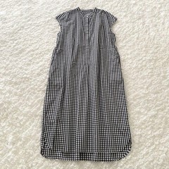 MUJI Gingham Check Long Dress Shirt L Size Band Collar