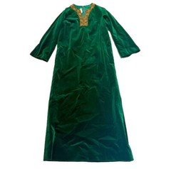 Vintage Far Eastern Collection Green Velvet Gold Beaded Maxi Dress Size 12