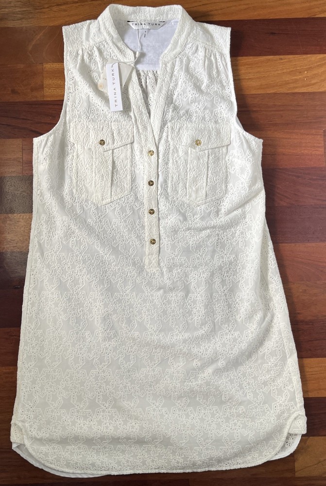 NWT Trina Turk White Eyelet Lace Star Pattern Shirt Dress Lined Sleeveless Sz 8
