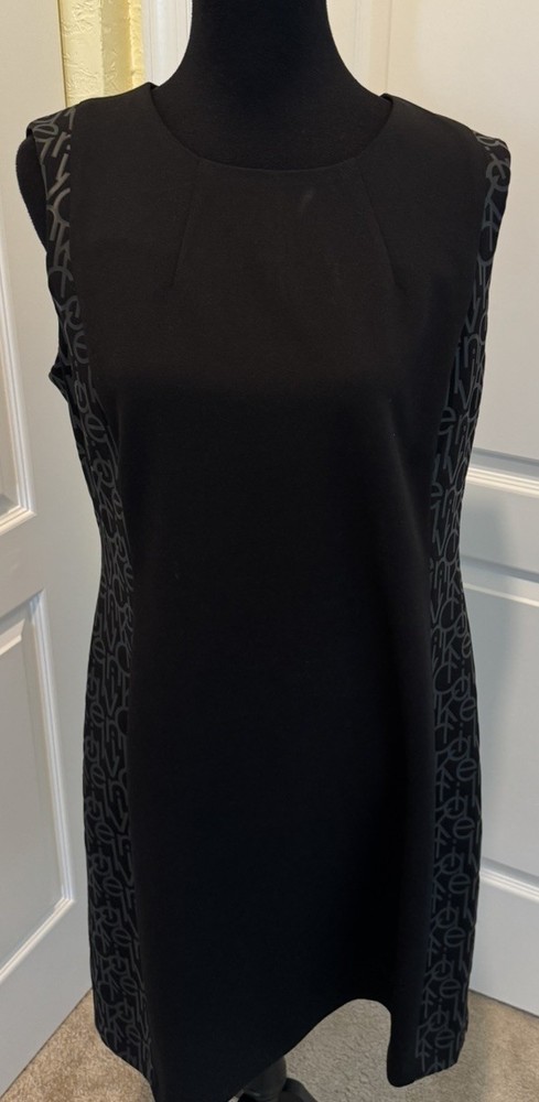 Calvin Klein Solid Black Sheath Knee Dress Round Neck side logo ack zipper