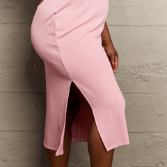 Fitted Sleeveless Side Slit Backless Cut Out Knotted Midi Dress in Pink 1X