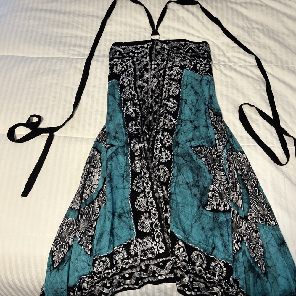 Halter Neck Black Turquoise Open Back Flowy Lightweight Kerchief Dress One Size