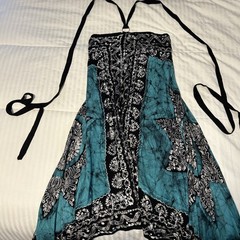 Halter Neck Black Turquoise Open Back Flowy Lightweight Kerchief Dress One Size