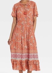 Knox Rose Dress Womens L Orange Rust Flutter Short Sleeve Tier Maxi Floral Boho