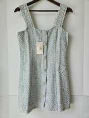 LFD Tweed Mini Dress Medium Blue Multicolor Pearl Rhinestone Buttons Fringe…