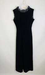 Vintage 70s Old Money Black Tie Velour Velvet Open Back Lace Gown Dress USA 10