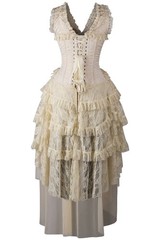 Corset Society Ivory Brocade Layered Lace Hi Low Skirt Steel Boned Corset Dress