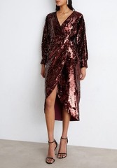 NWT $495 Ted Baker Emaleee Sequin Wrap Plunge Neck Midi Dress Wine TB 0/US 2