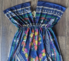 New! Cristinalove Size S Blue Green Gray Tan & Lilac Floral Print Stretch Dress