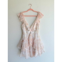 Selfie Leslie Flower Child Twist Bust Ruffle Trim Dress Leaf Print in Pink M NWT