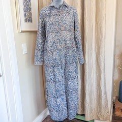 Boho Kalamkari Maxi Shirt Dress S Blue Paisley Cotton Duster Slits Pockets L/S