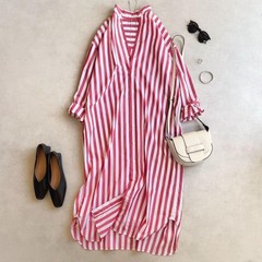 TEN Ron Herman Shirt Kaftan Dress One Piece Red White Stripe Free Size Japan