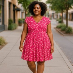 Maison Tara Pink Dress Flowers Sheer Lined Elastic Stretch Waist Plus Size 14W