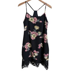 Slip Dress Mini Floral Crochet Lace Hem Black Lined Spaghetti Strap Size S Voom