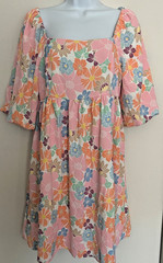 Mini Dress Pink Summer Floral Square Neck Babydoll Short Puff Sleeve Women’s Med