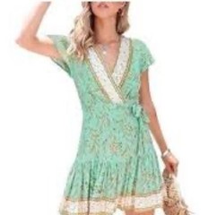 Zesica Floral Wrap Dress Sz M Beige Green Side Tie Ruffles Boho Cottage City